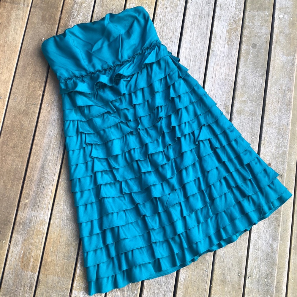 TEAL Strapless Layered Ruffle Party Dress